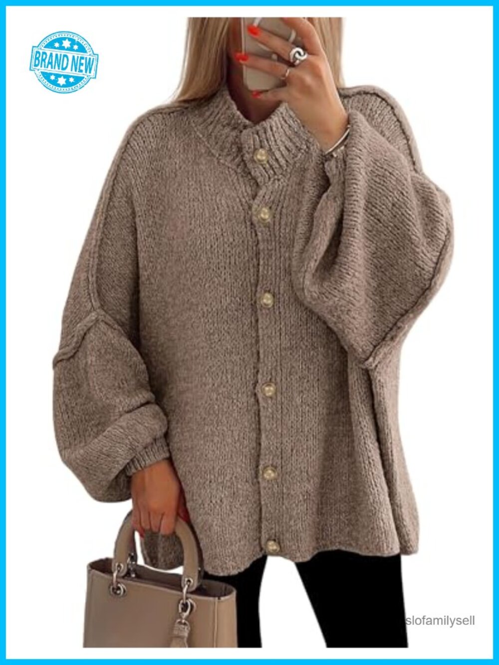 Oversized Chunky Knit Cardigan Button Down Mock Neck Lantern Sleeve